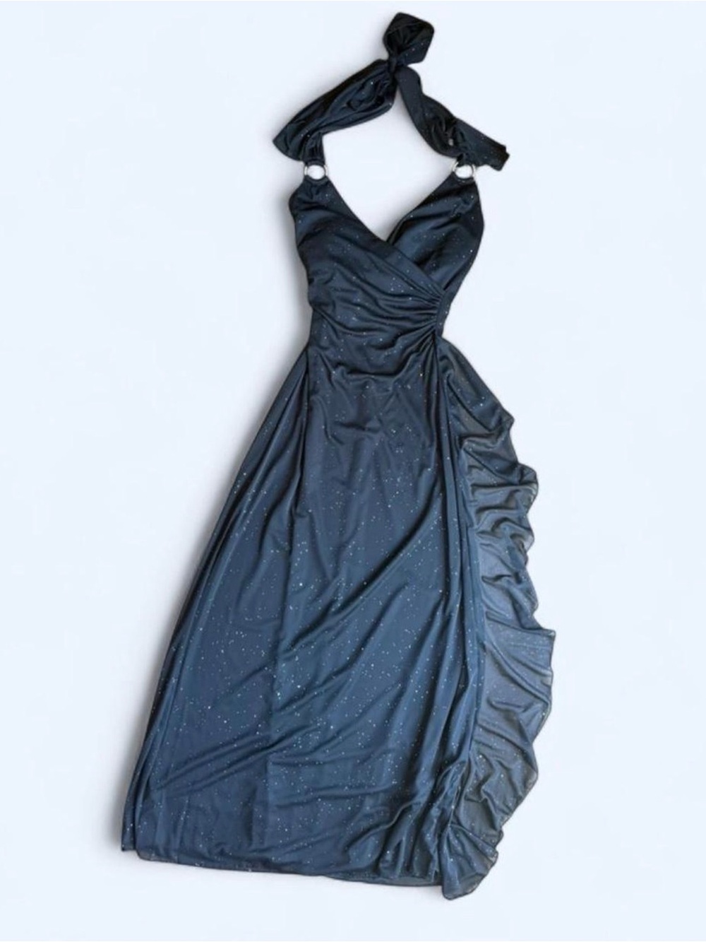 Vintage Y2K women’s size 5/6 Black Halter Ruched Evening Dress with Sparkle